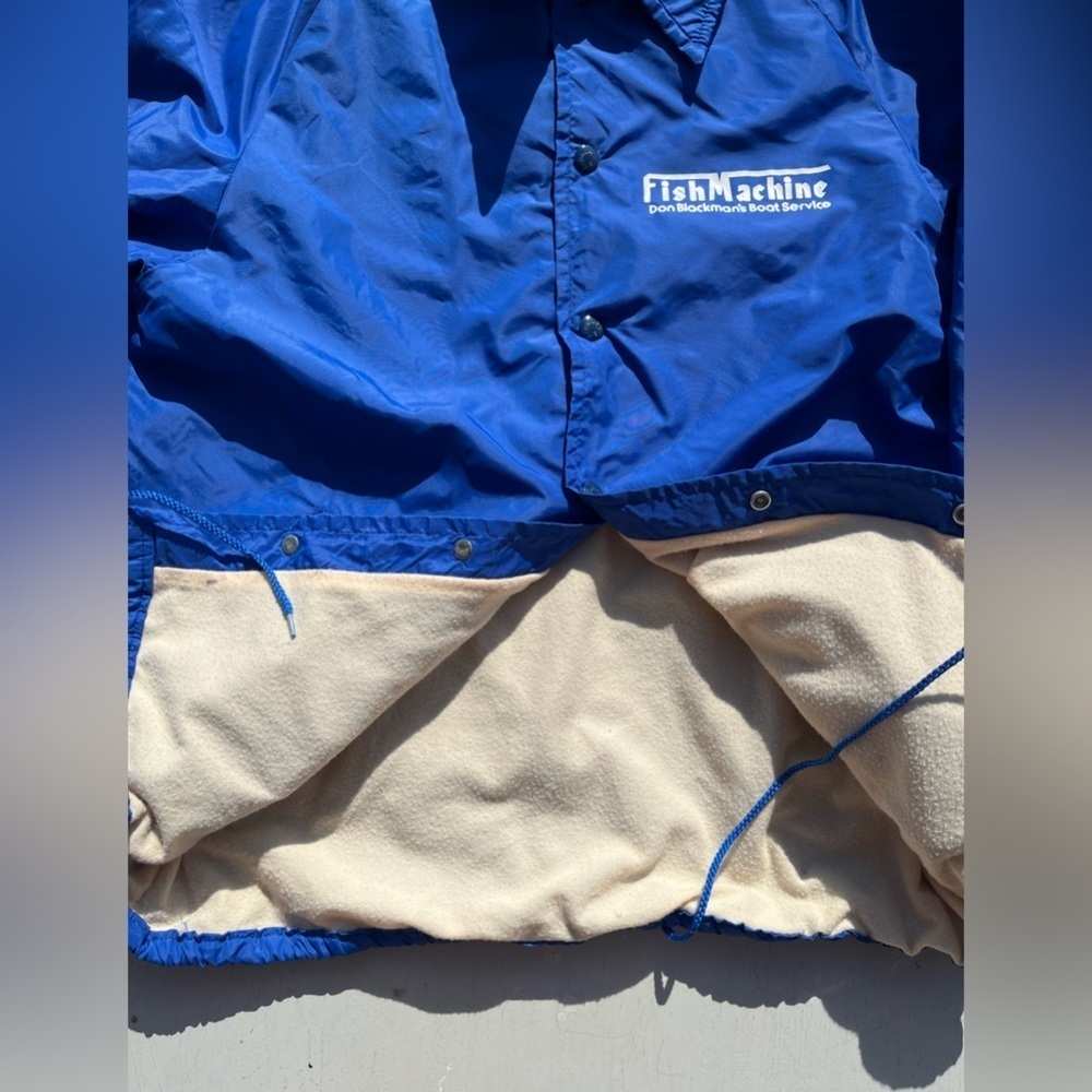 Men's Vintage Fish Machine Windbreaker Blue Logo M Nylon Button Lined USA 80s - Picture 10 of 15